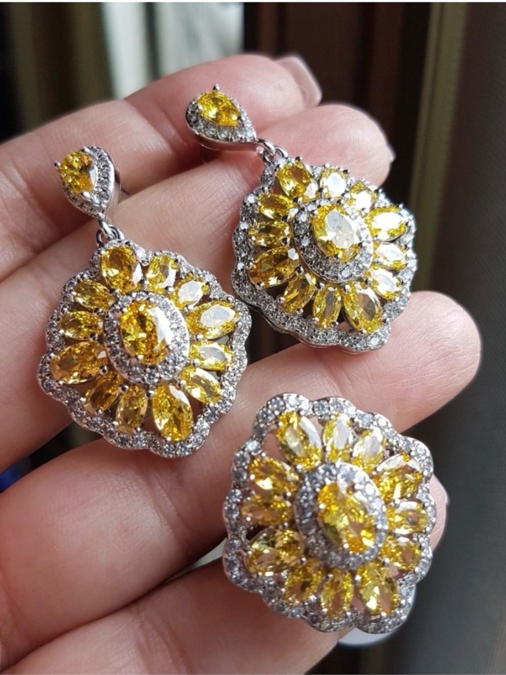 Swarovski Elements Citrine Yellow 925 Sterling Silver Earrings & Ring SET NEW - Picture 3 of 16